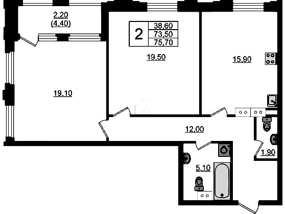 2-комнатная квартира 75.7 м², 7/13 эт., ЖК «Тайм Сквер»